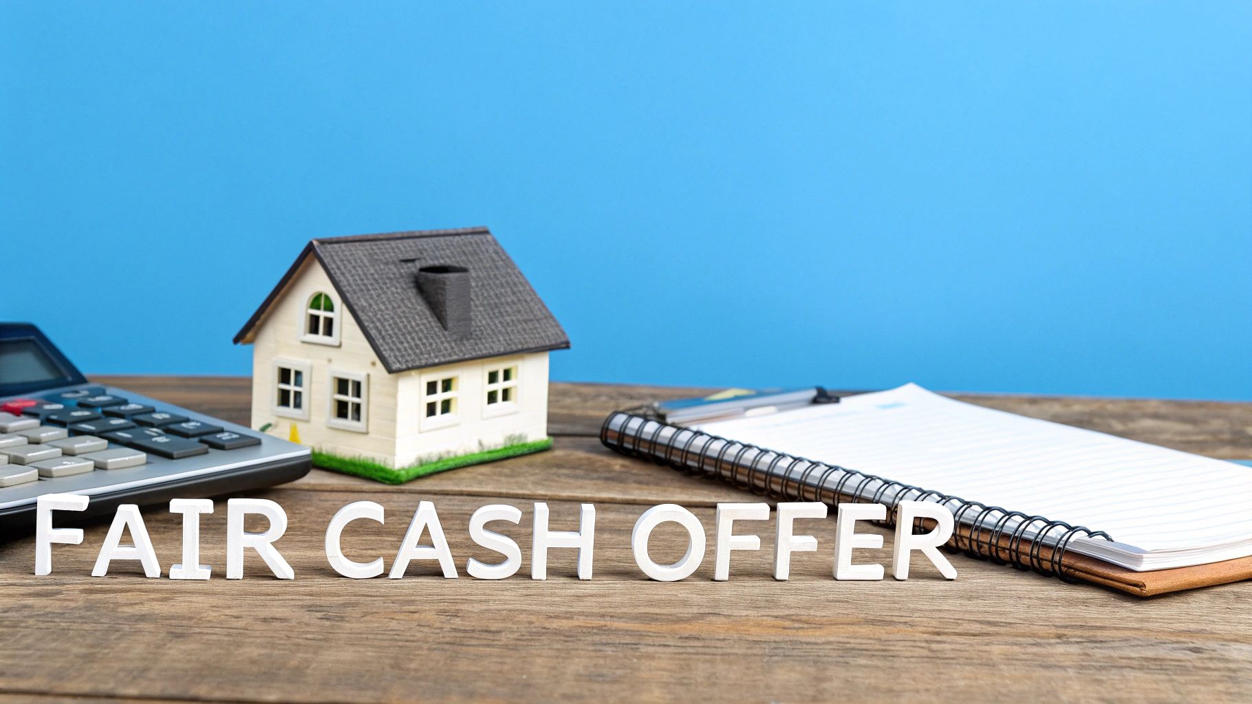 A miniature house, calculator, and notebook on a wooden desk with fair cash offer' in front, against a blue background.