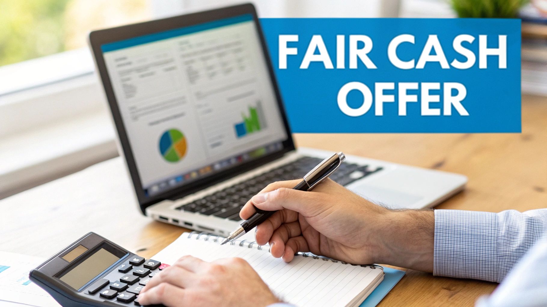 A person calculating with a laptop, calculator, and notebook, for a fair cash offer.