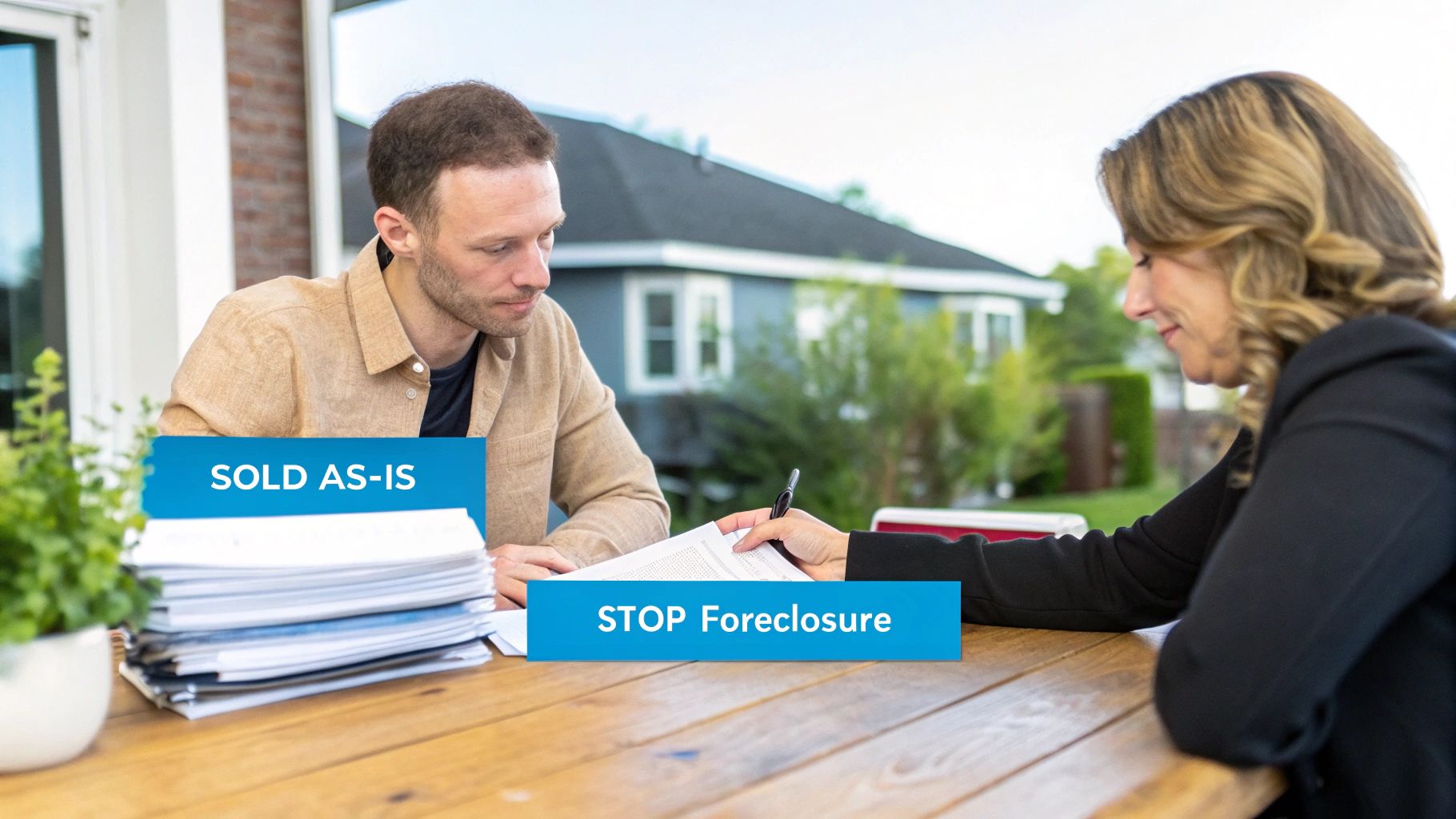 Man and woman discussing real estate documents at a table with 'SOLD AS-IS' and 'STOP Foreclosure' banners.