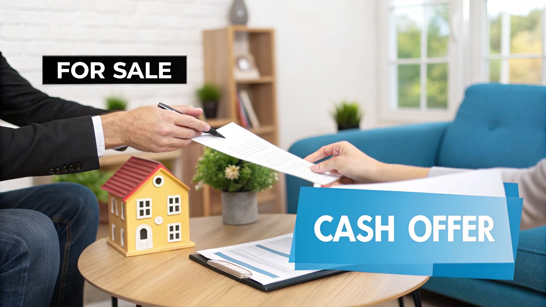 Two people exchanging documents over a table for a cash offer the a property for sale.