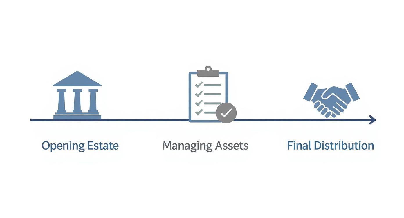 Infographic showing the three main stages of the probate process: Opening the Estate, Managing Assets, and Final Distribution.