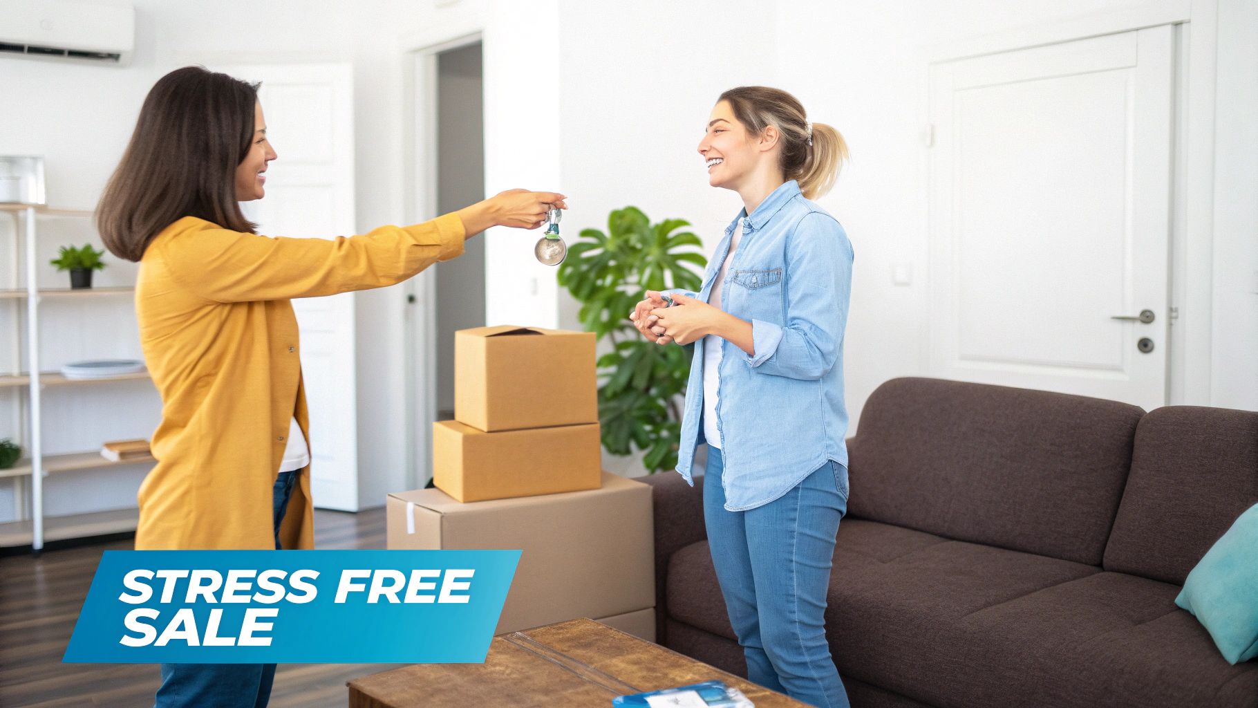 A woman hands house keys to another smiling woman for a stress free sale. 