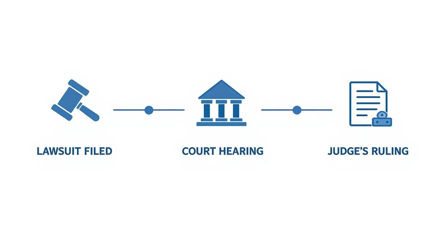 Timeline illustrating the legal process from lawsuit filing to court hearing and judge's ruling.