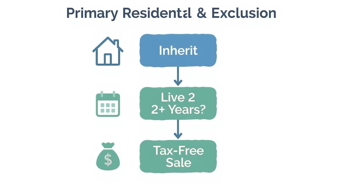 Graphic decision tree showing how to use the primary residence exclusion to avoid capital gains on inherited property.