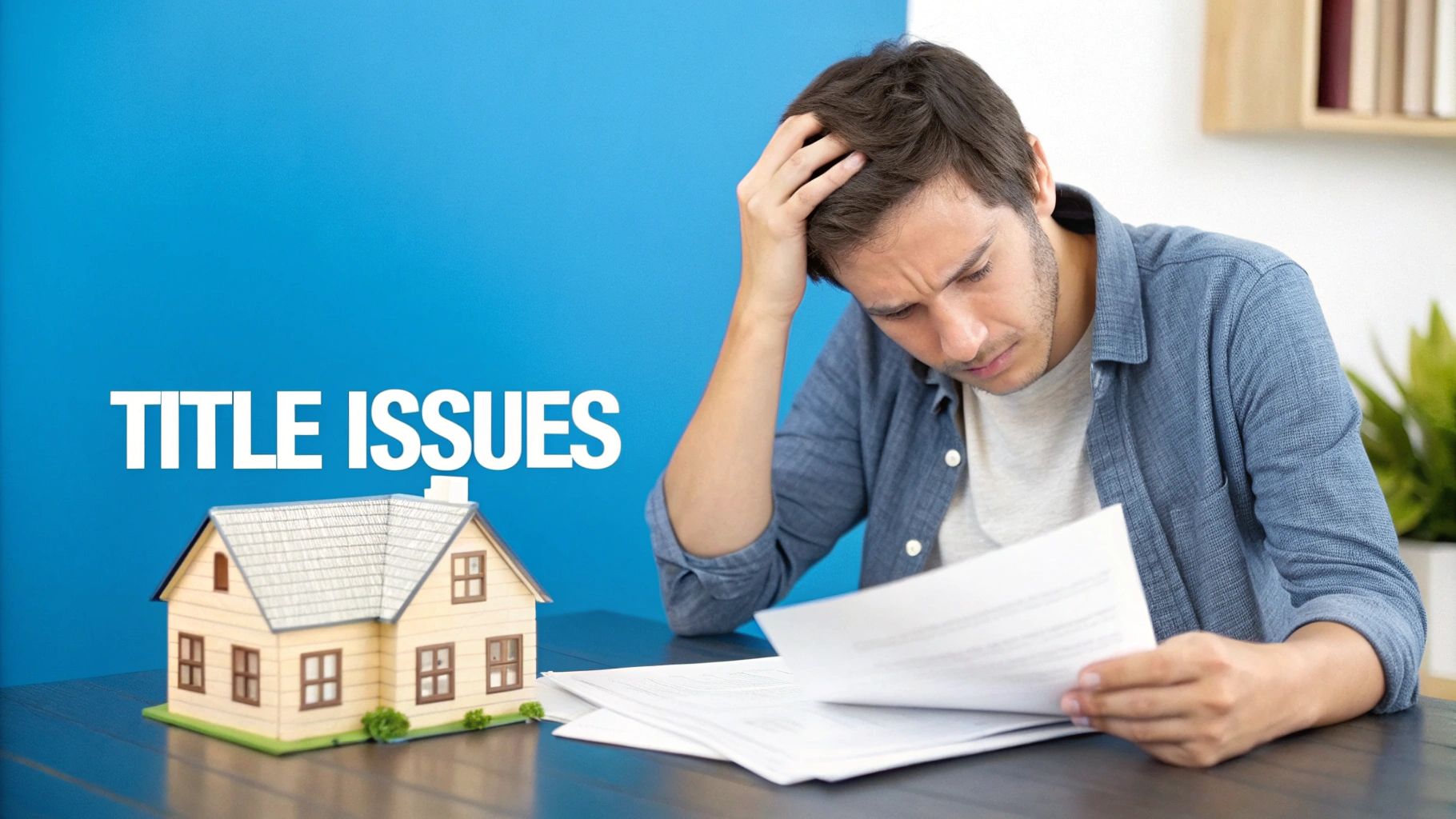 Stressed man reviews documents about title issues.