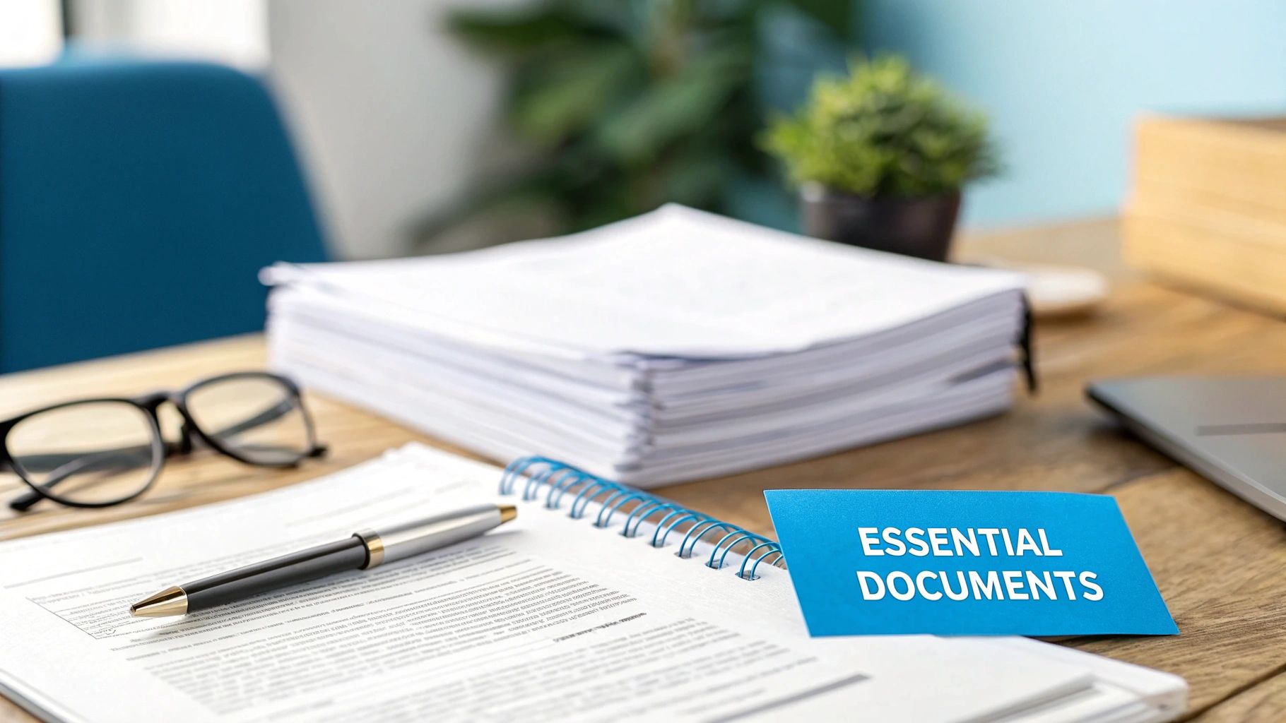 A desk with a stack of essential documents, a pen, glasses, and a notebook.