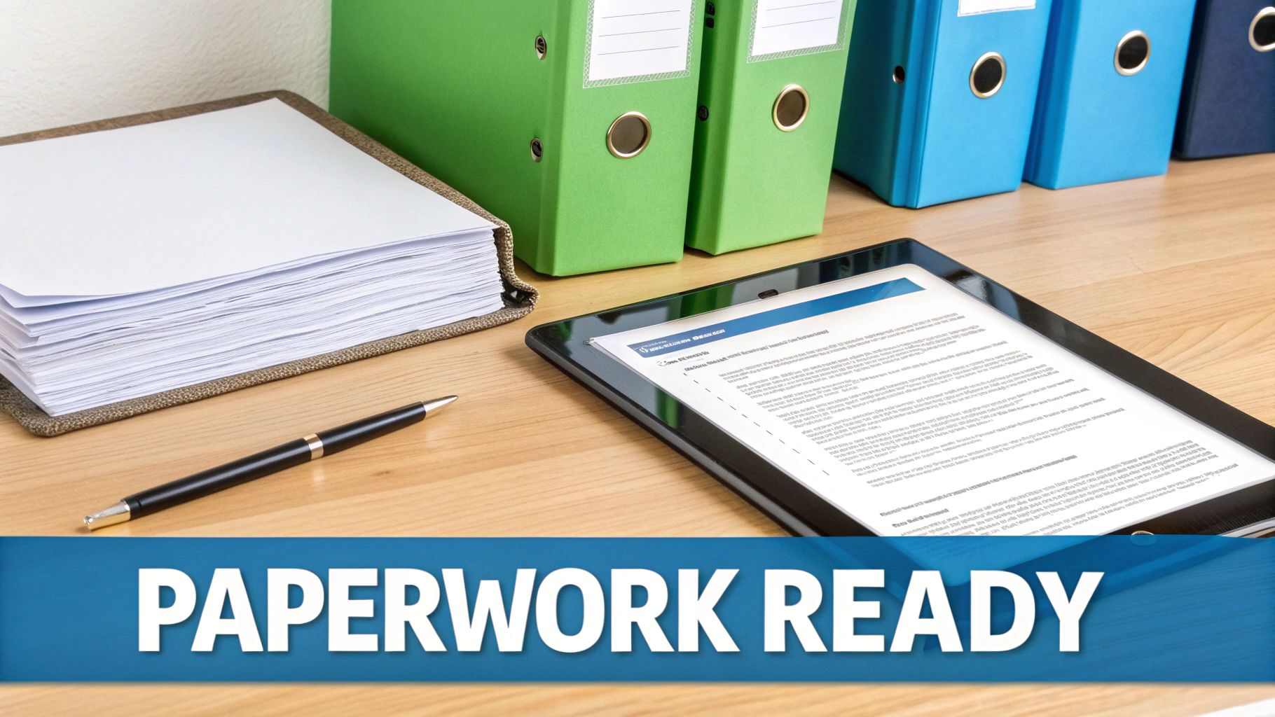 Organized office desk featuring physical documents, a digital tablet, pen, and colored binders, with 'PAPERWORK READY' banner, symbolizing preparation for selling a house quickly.