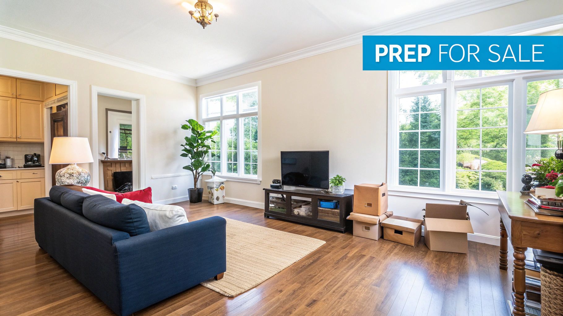 A clean, decluttered room in a house being prepared for an as is sale.