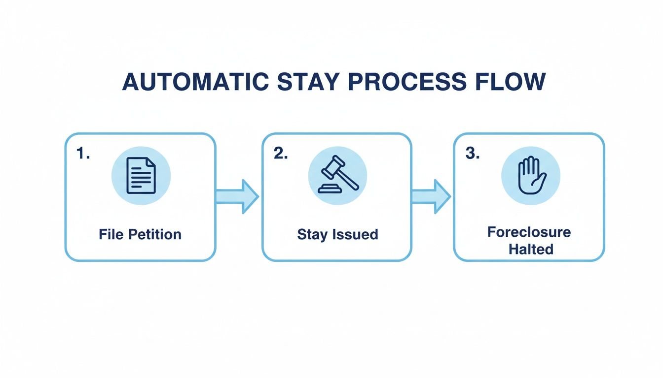 Visual diagram showing the automatic stay process: file petition, stay issued, foreclosure halted.