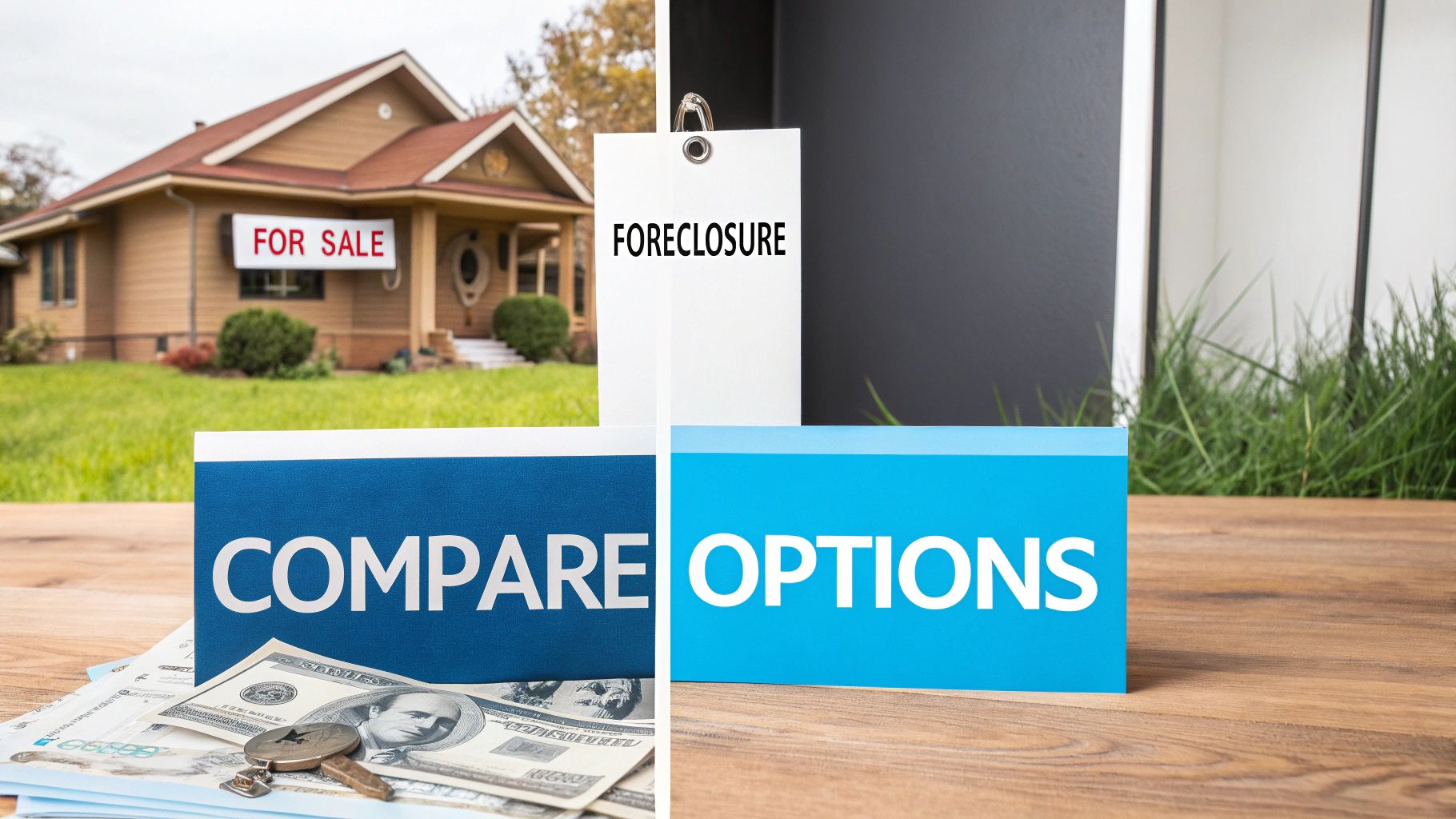 A sign with three arrows pointing in different directions, symbolizing the choice between a short sale, foreclosure, or cash sale.