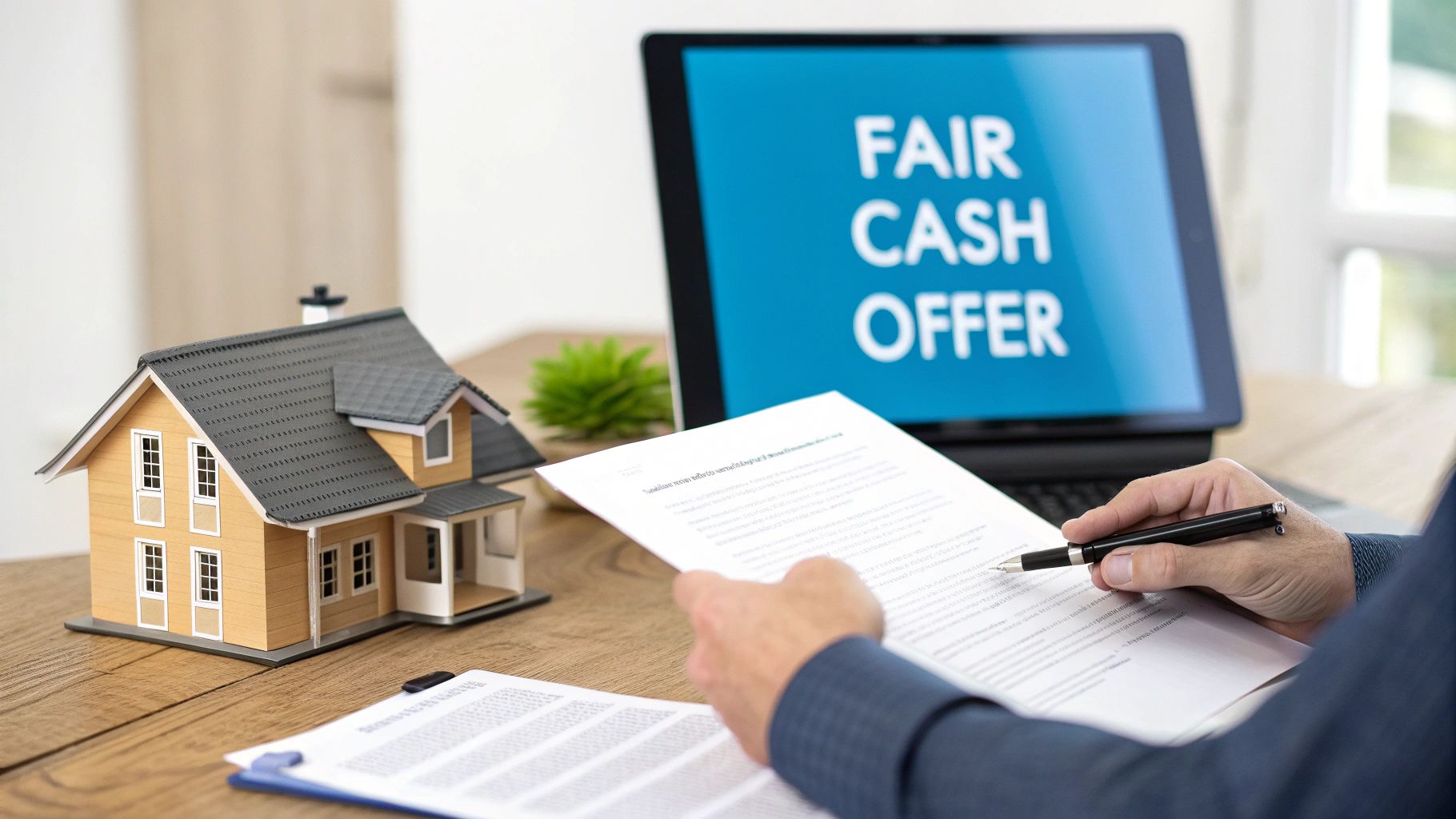 A person reviewing documents for a fair cash offer