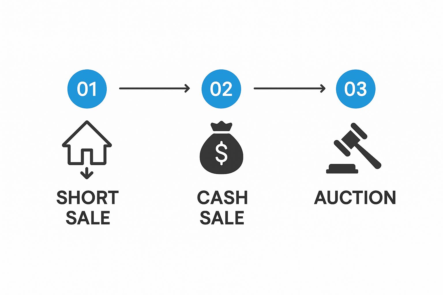 An diagram showing the process flow of selling a house before foreclosure, with options for a short sale, cash sale, or auction.