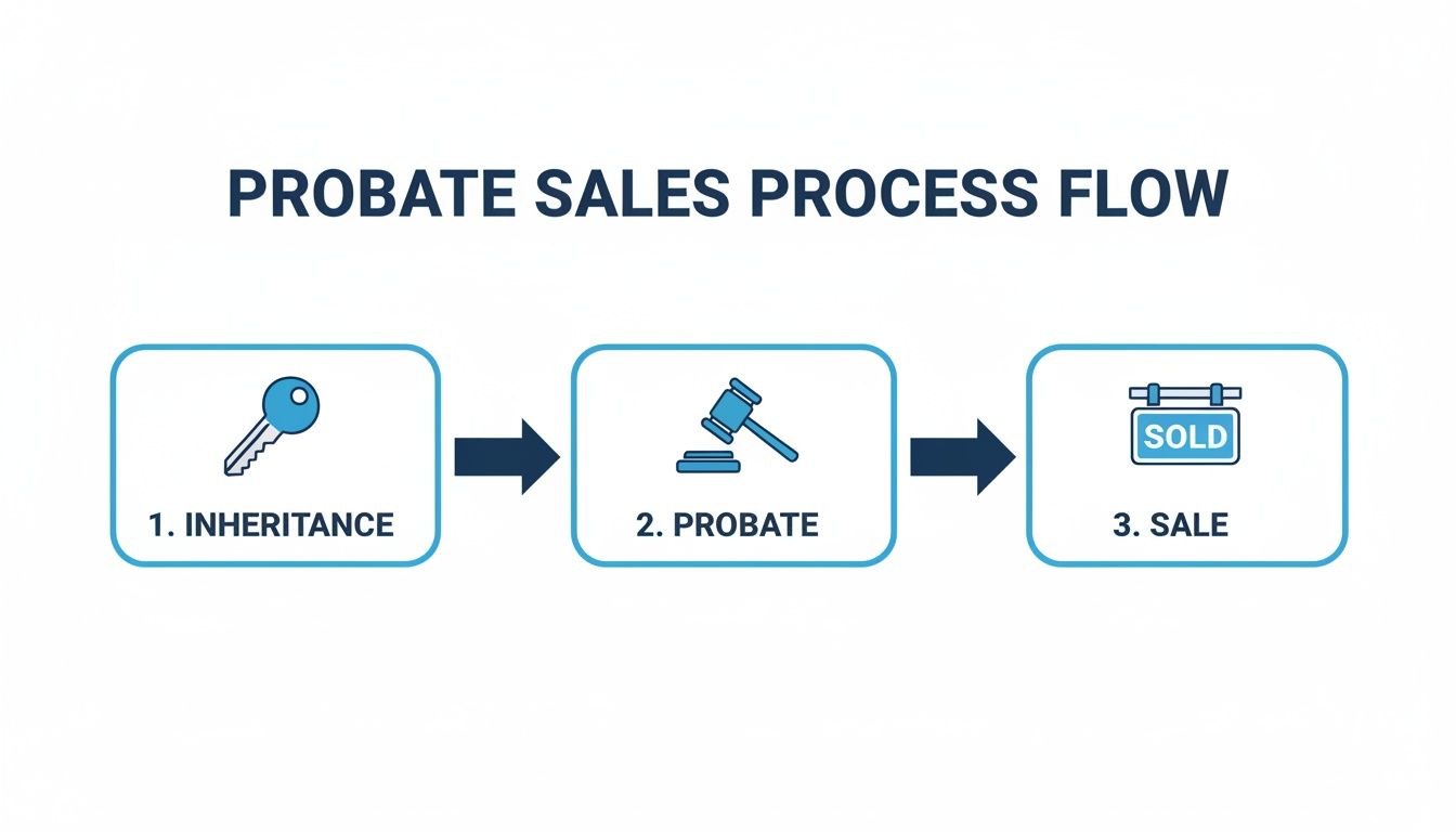 A step-by-step flowchart showing the probate sales process, from inheritance and probate to the final sale.