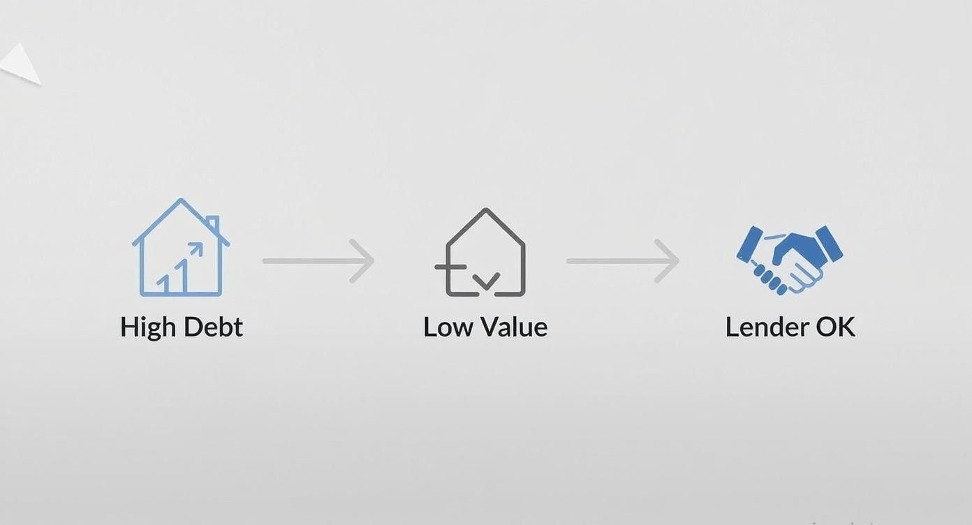 Infographic showing the short sale dilemma with high debt, low home value, and the need for lender approval.
