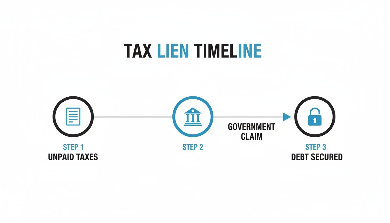 A tax lien timeline infographic showing three steps: unpaid taxes, government claim, and debt secured.