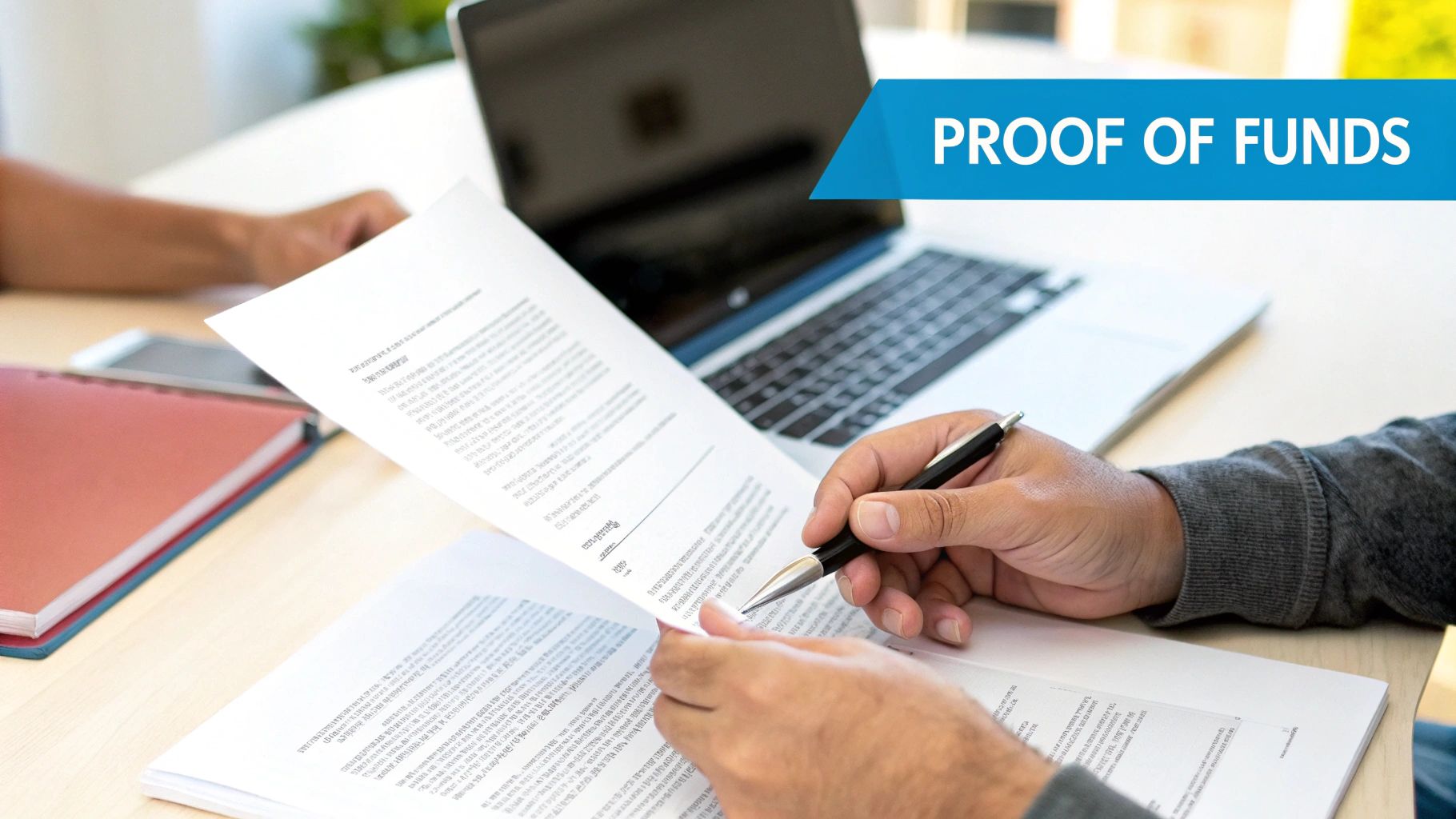 A person's hands holding a pen over documents for proof of funds.