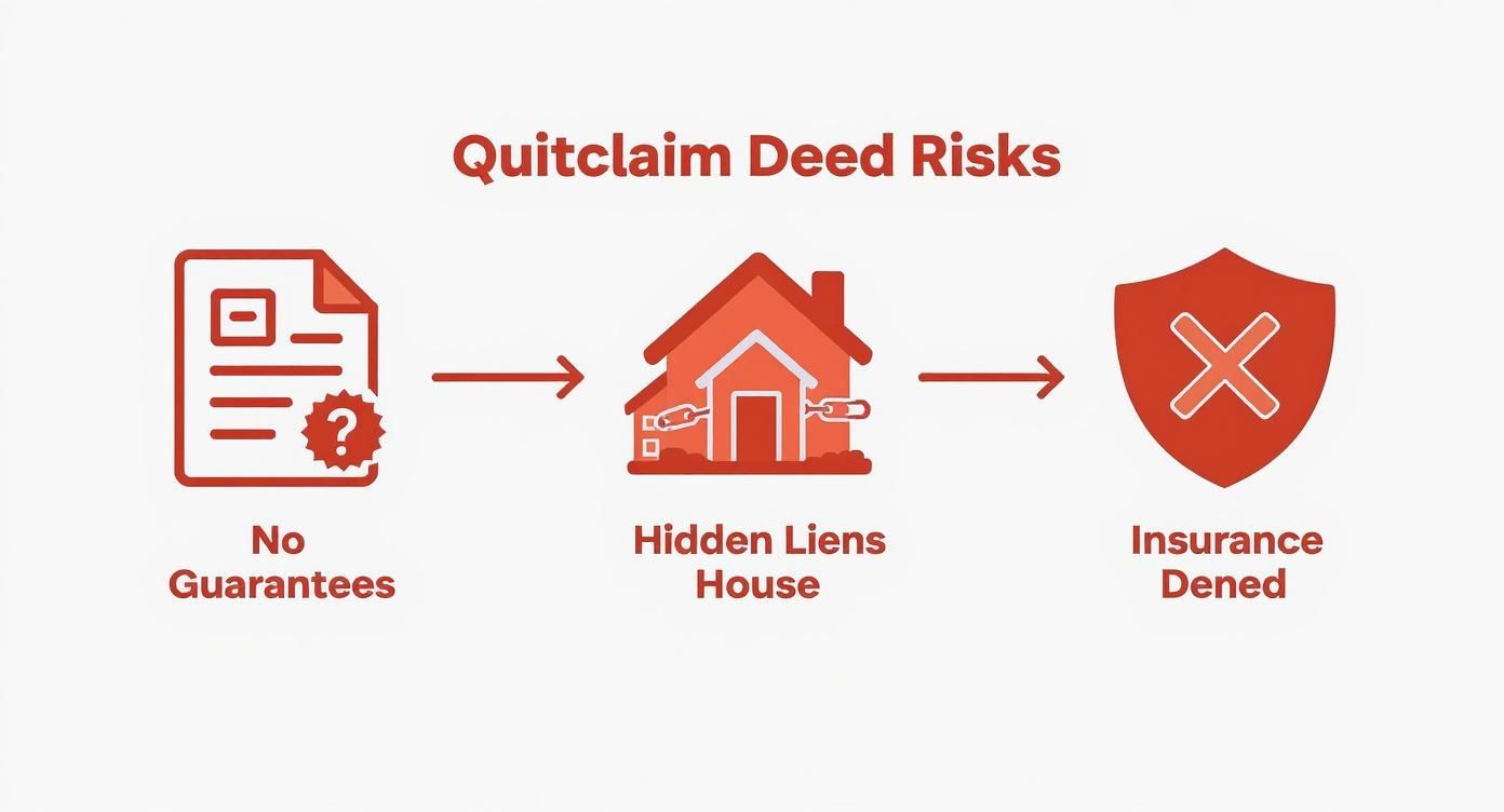 Diagram showing the risks of a quitclaim deed, including no guarantees, hidden liens, and denied insurance.