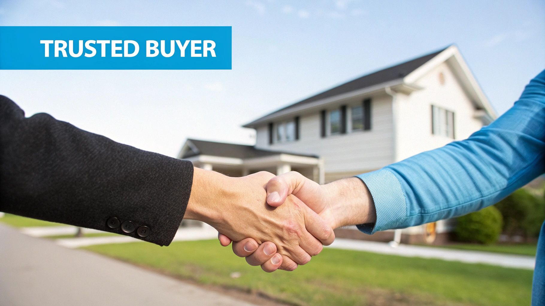 Two people shaking hand in a trusting way, with a sign that says trusted buyer 