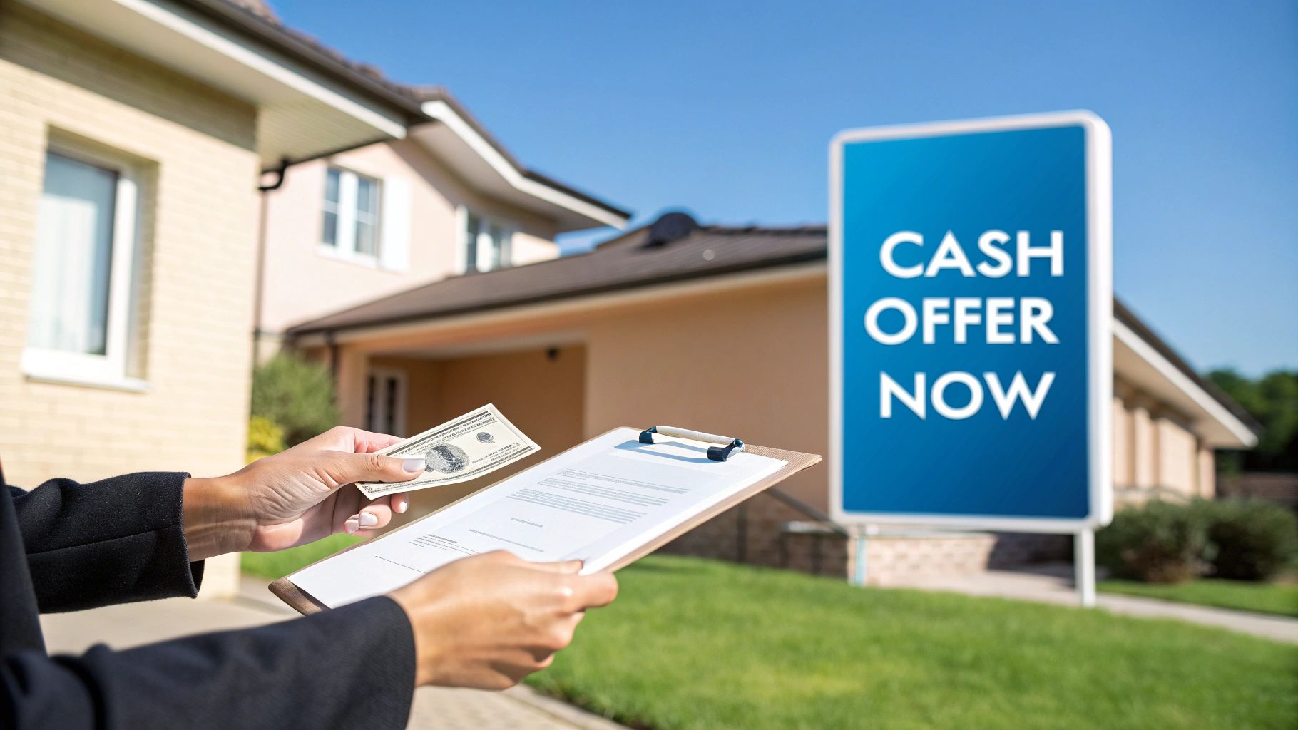 A person holds cash and a document, with a Cash Offer Now sign