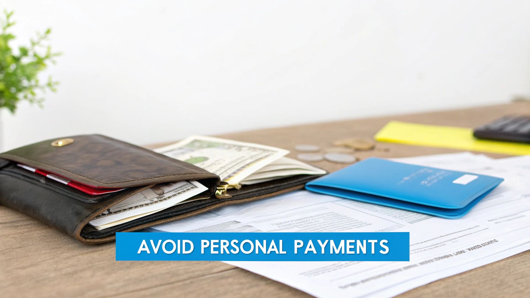 A wallet with cash and credit cards, financial documents, and coins on a wooden desk.