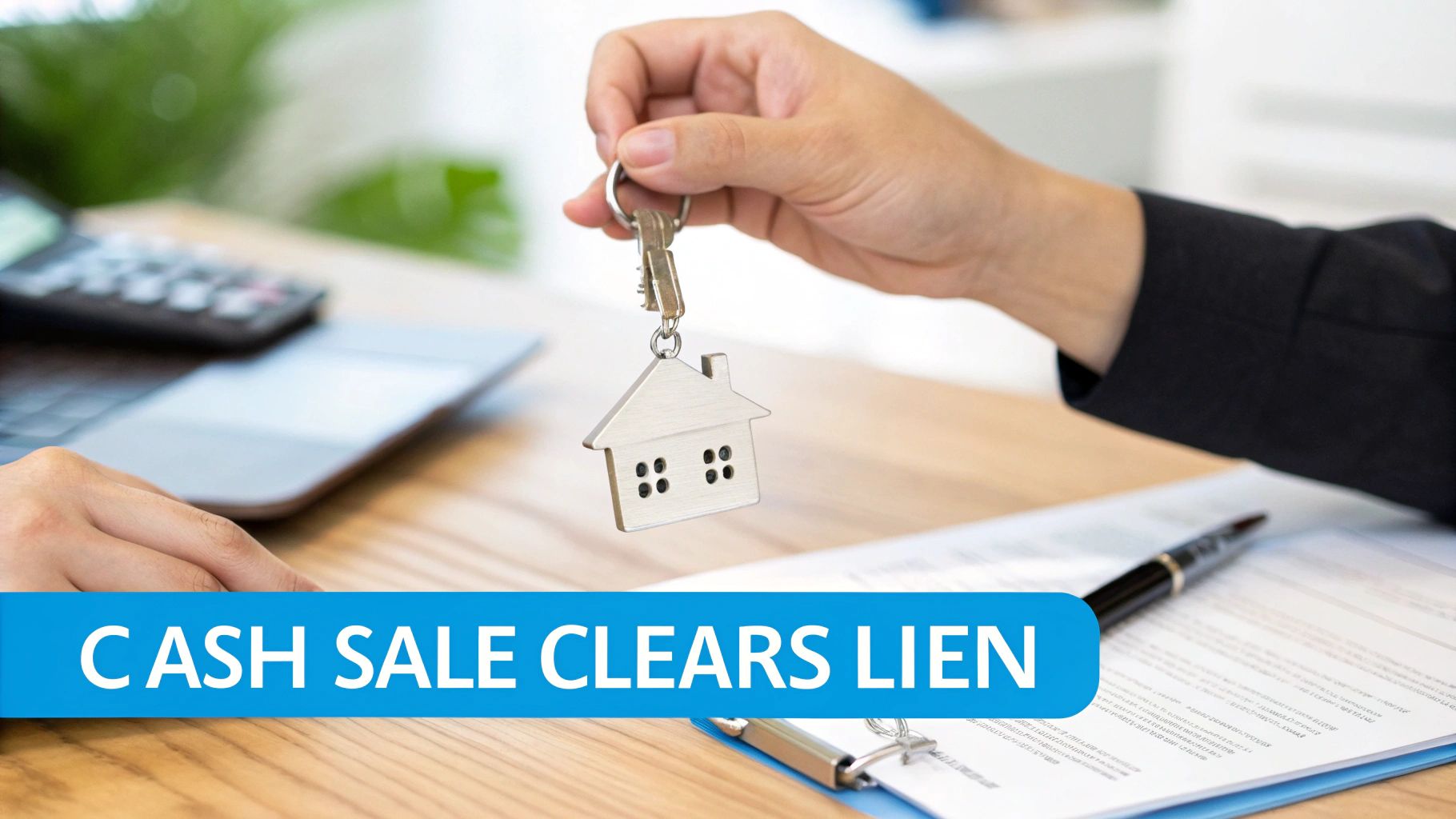 A hand holds house keys with a house-shaped keychain for cash sale clears liens.