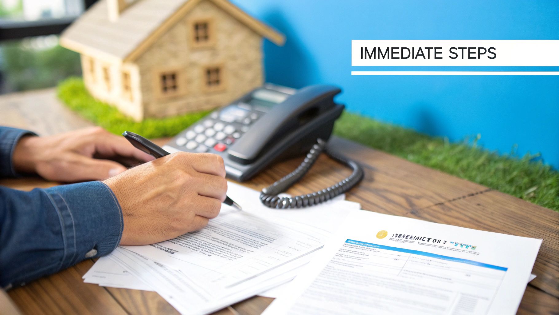 A person's hands signing documents on a desk, with a house model and office supplies.