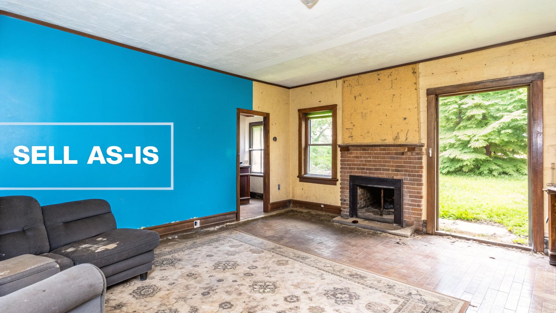 A distressed living room showing the benefit of a probate property sale as-is.