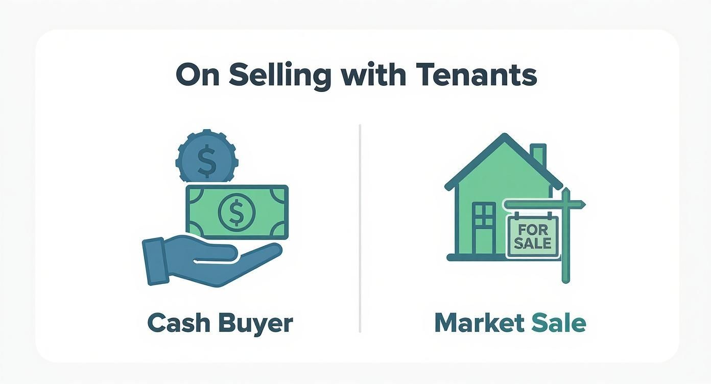 Graphic comparing a cash buyer sale to a traditional market sale for a house with tenants in it.