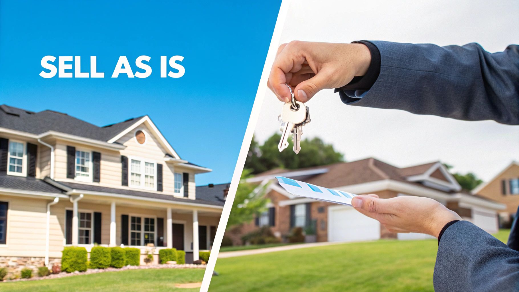 Split image showing a house for sale 'as is' and hands exchanging house keys.