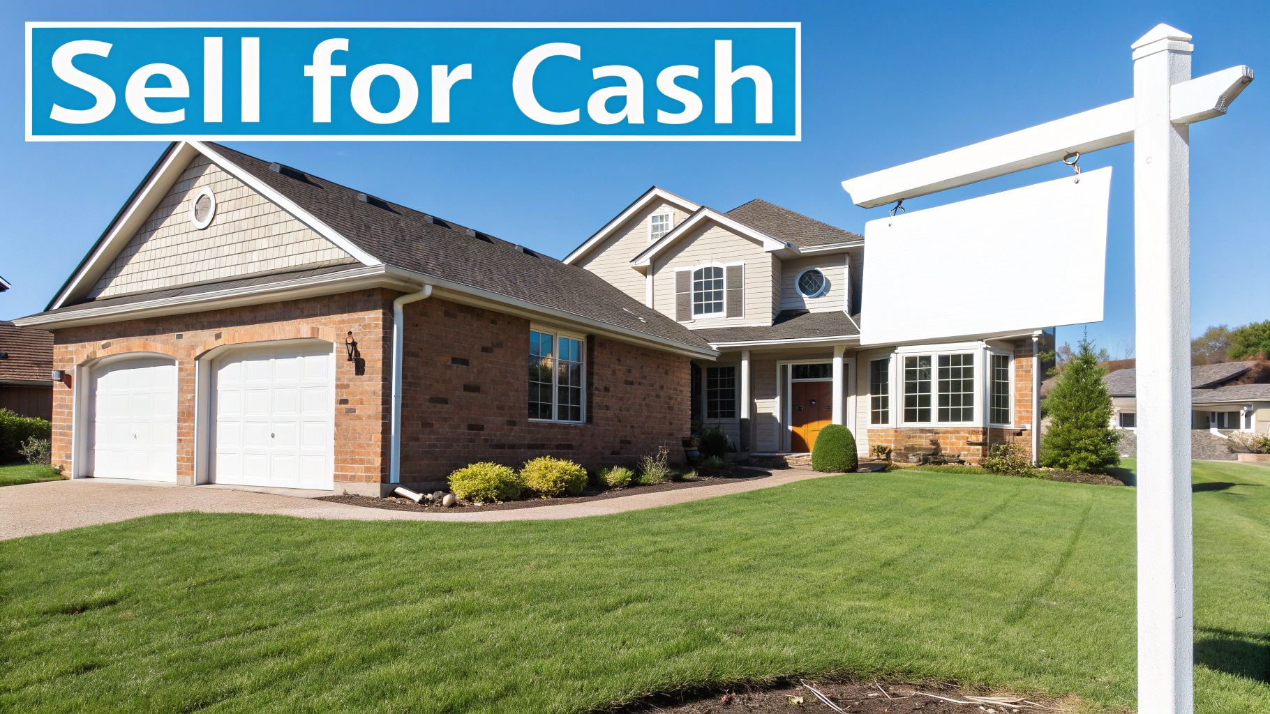 Large suburban home for sale, with a sell for cash sign