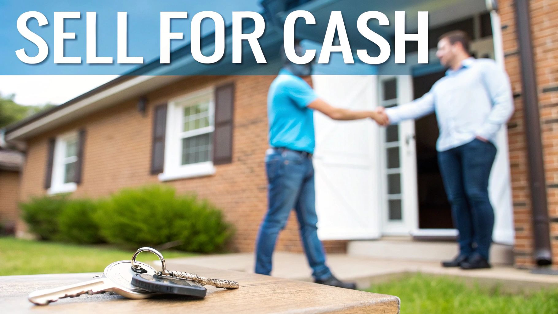 Keys on a table with two men shaking hands in front of a house to sell for cash.