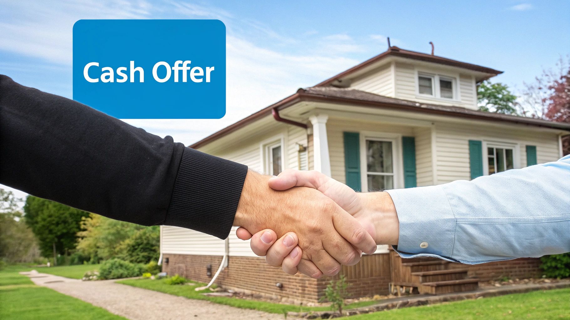 Two people shaking hands in front of a house with a prominent Cash Offer sign overhead.