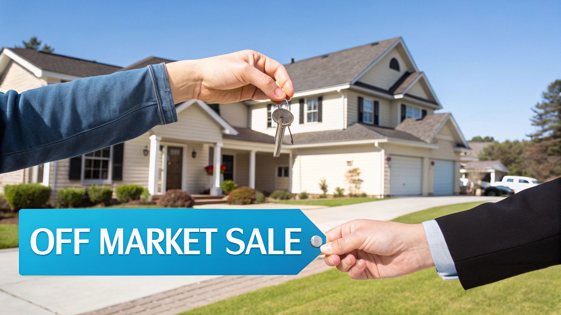 Someone handing keys to another person, for an off market sale of a house 