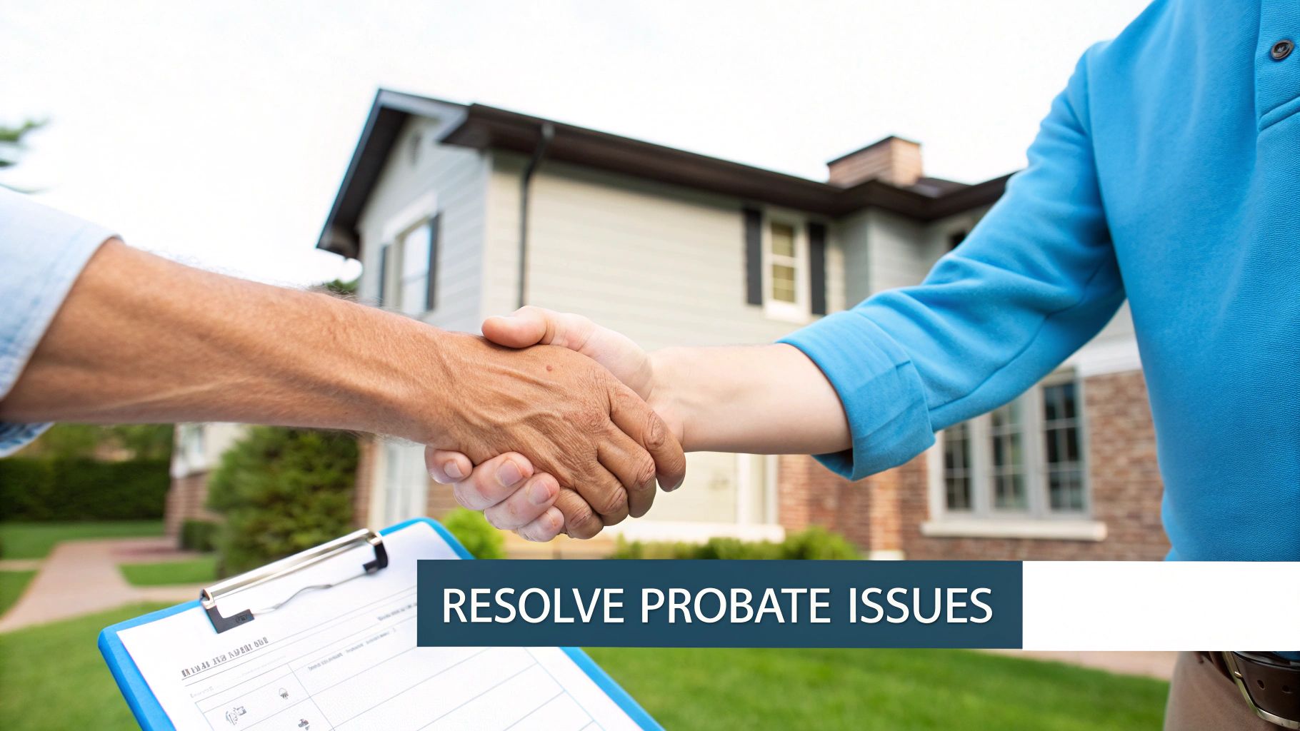 Two people shake hands in front of a house, discussing probate property matters.