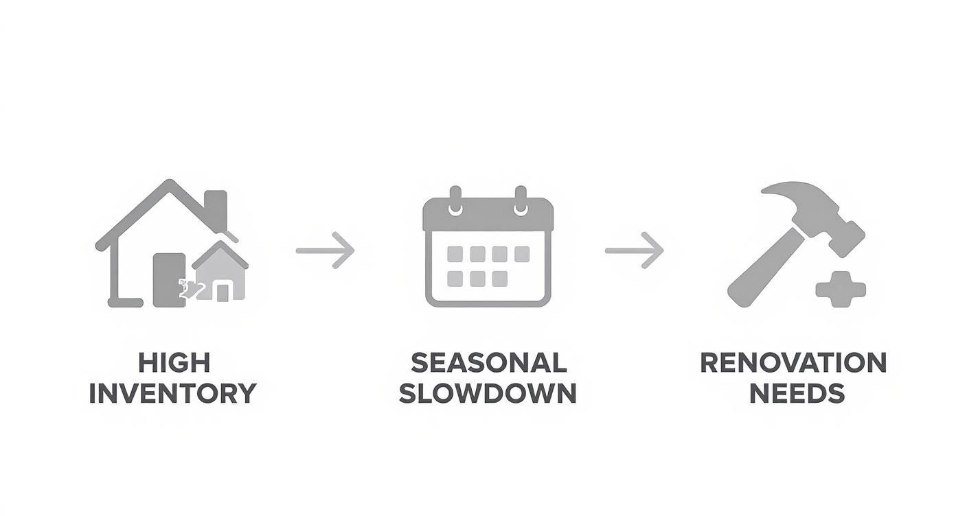 Infographic showing market risks like high inventory, seasonal slowdowns, and renovation to sell house fast pleasant hills