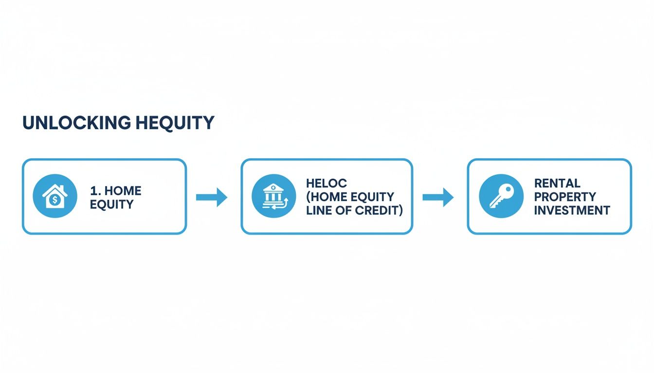 Flowchart illustrating converting home equity into a HELOC for rental property investment.