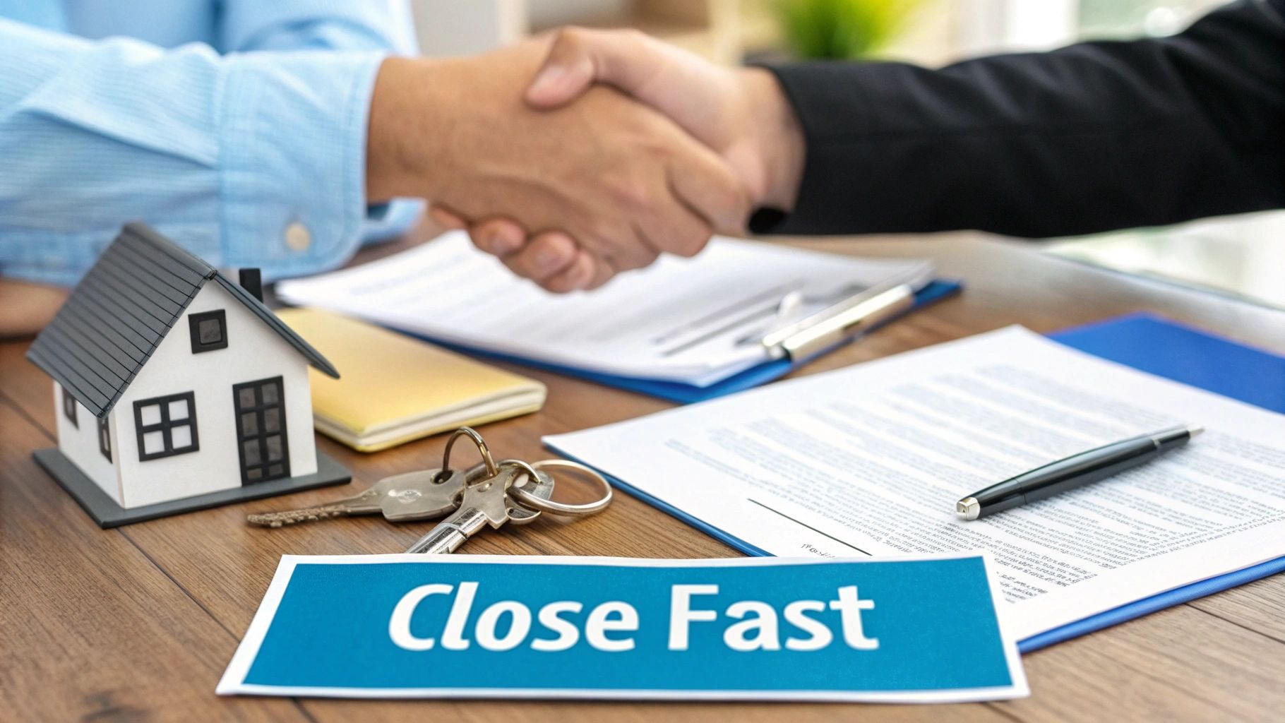 A person signing closing documents at a table with a house keys nearby, signifying a fast closing process.