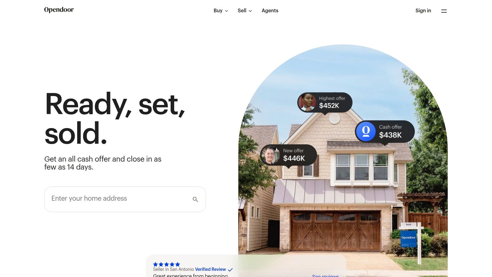 Opendoor homepage for companies that sell houses