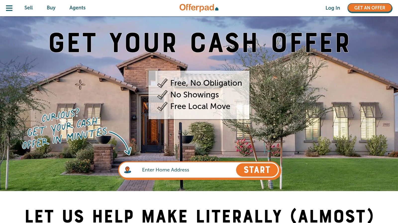 Offerpad homepage showing its real estate services for companies that sell houses