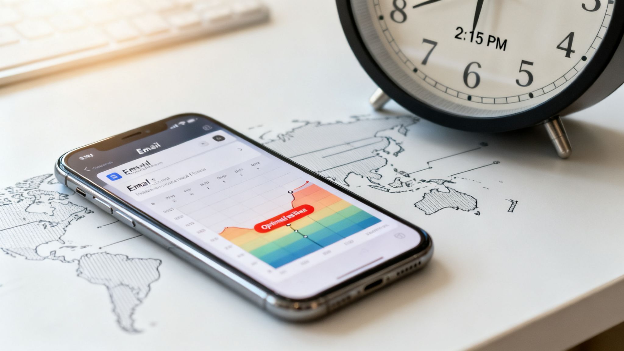 iPhone displaying email analytics and optimal time on a graph, next to a clock and world map.