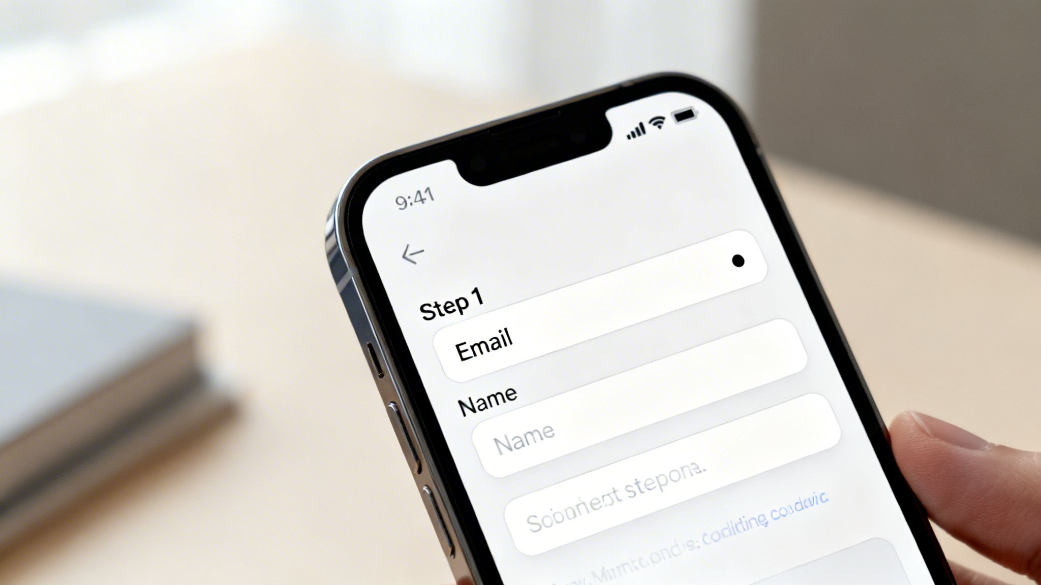 A person holds an iPhone displaying a digital form with 'Step 1', 'Email', and 'Name' fields.