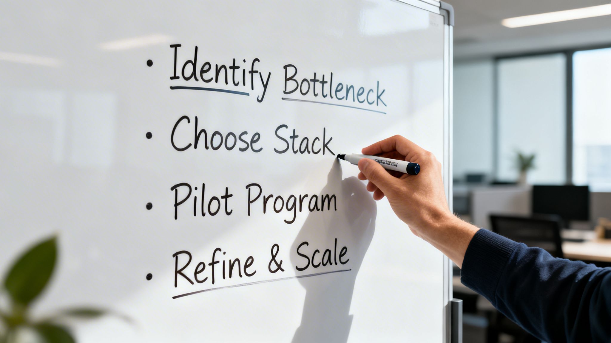 A hand writes 'Refine & Scale' on a whiteboard listing business strategy steps in an office.