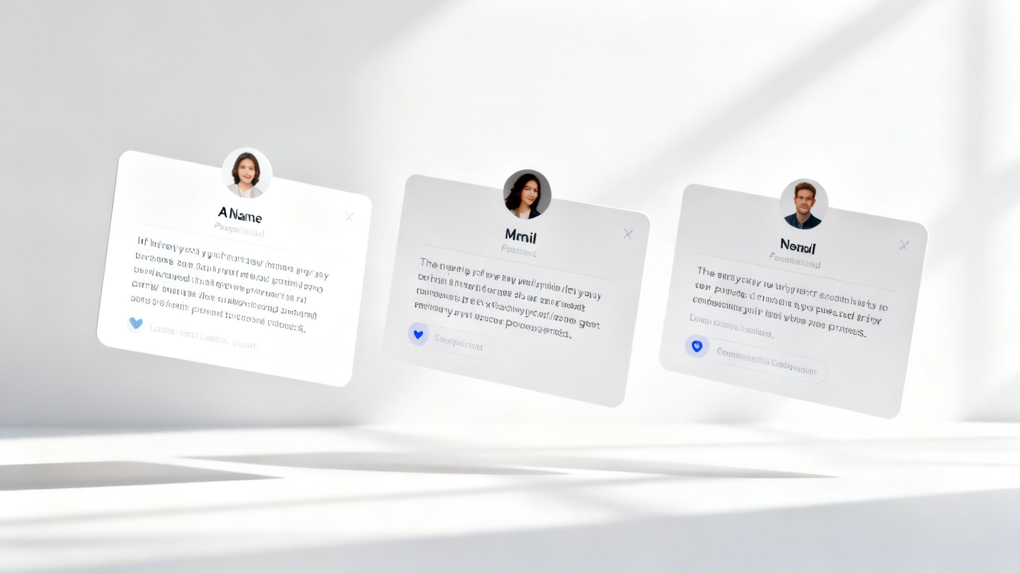 Three floating white testimonial cards display user feedback with diverse profiles and placeholder text.