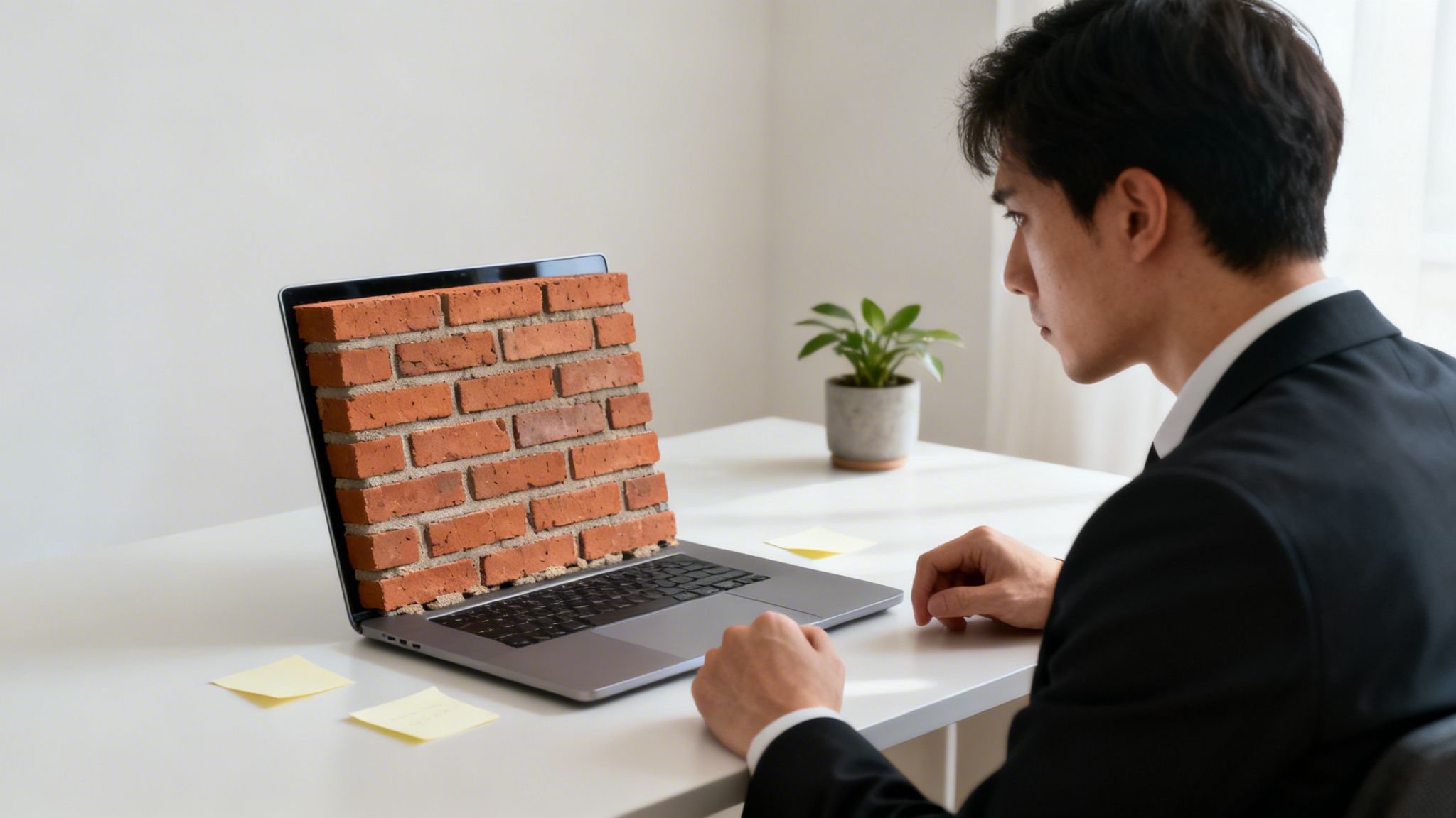 A businessman stares intently at a laptop screen displaying a brick wall, symbolizing a digital barrier.
