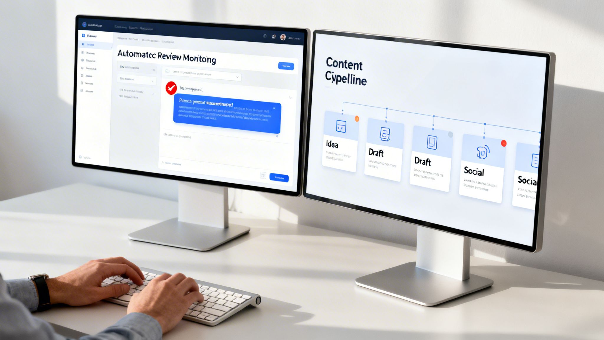 Hands typing on a keyboard, with dual monitors displaying 'Automatic Review Monitoring' and 'Content Pipeline'.