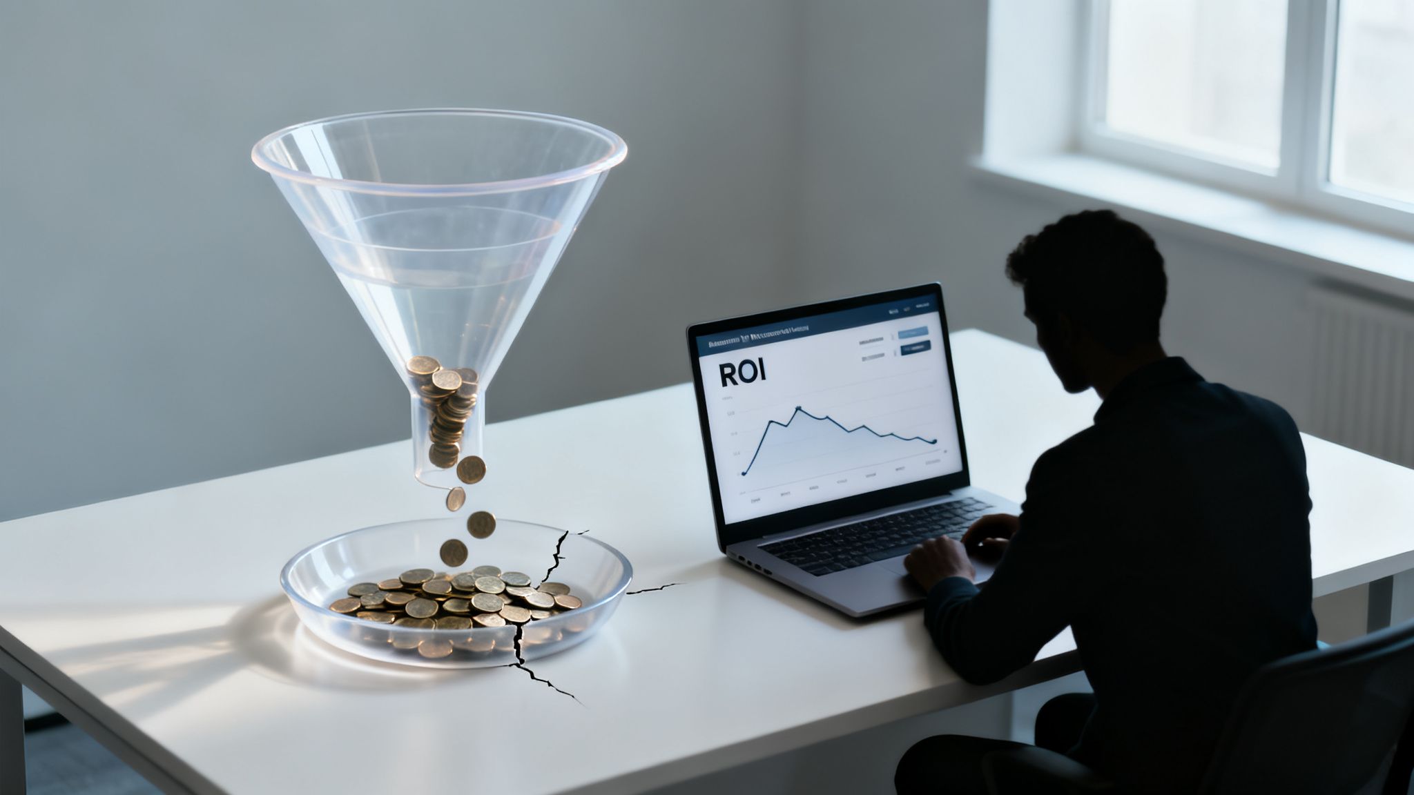 A person views an ROI graph on a laptop as coins fall from a funnel into a cracked dish.