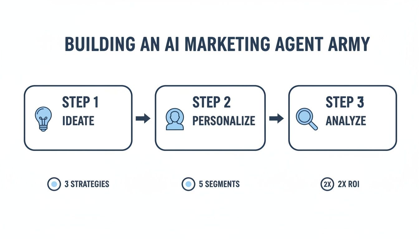 A 3-step diagram outlining how to build an AI marketing agent army, showing ideation, personalization, and analysis.