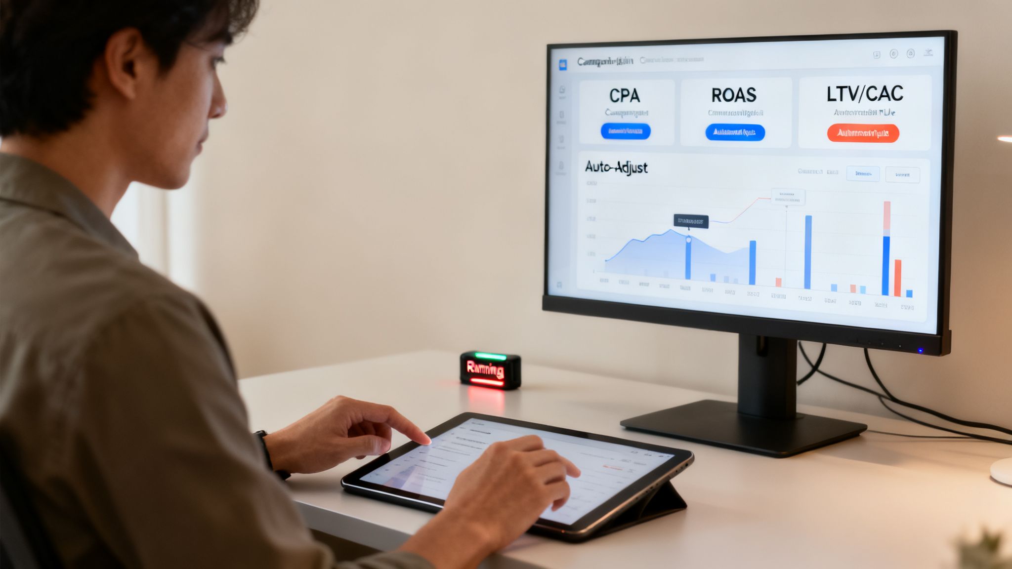 A man analyzing marketing performance metrics on a computer monitor and tablet with graphs.