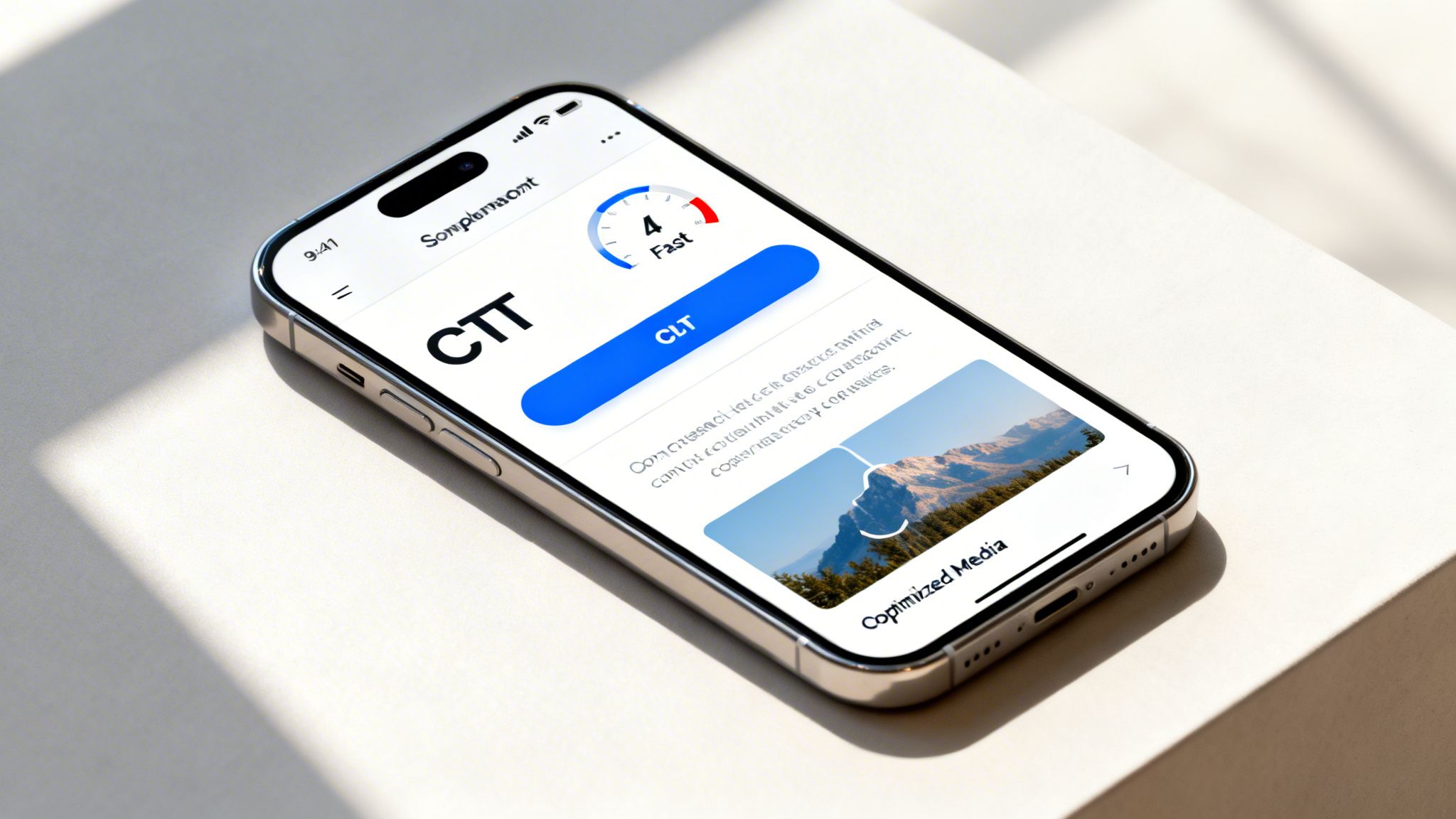 An iPhone displays a mobile app with 'CTT', a speed dial showing '4 Fast', and 'Optimized Media' with a mountain image.
