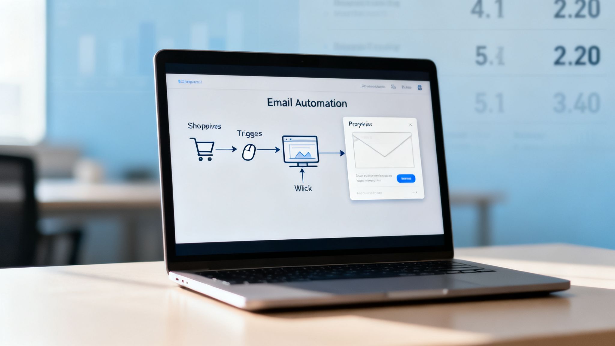 A laptop screen displays an email automation workflow diagram with a shopping cart, triggers, and an email.